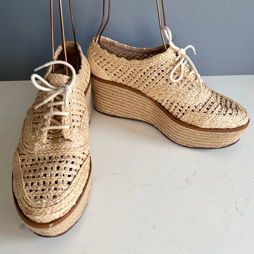 Schutz Platform Loafer wedge Size 8.5 tan Bordado rattan preppy Coastal - Picture 2 of 11
